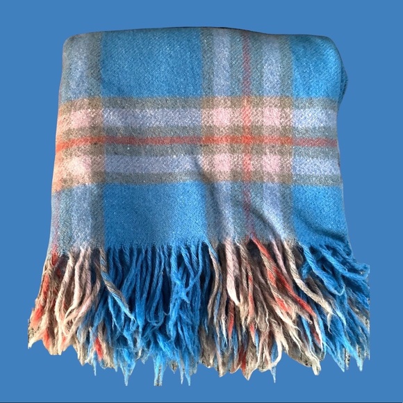 Vintage Wool Blanket Plaid Modern Farmhouse Throw Fringed Blue & Orange - Picture 2 of 9